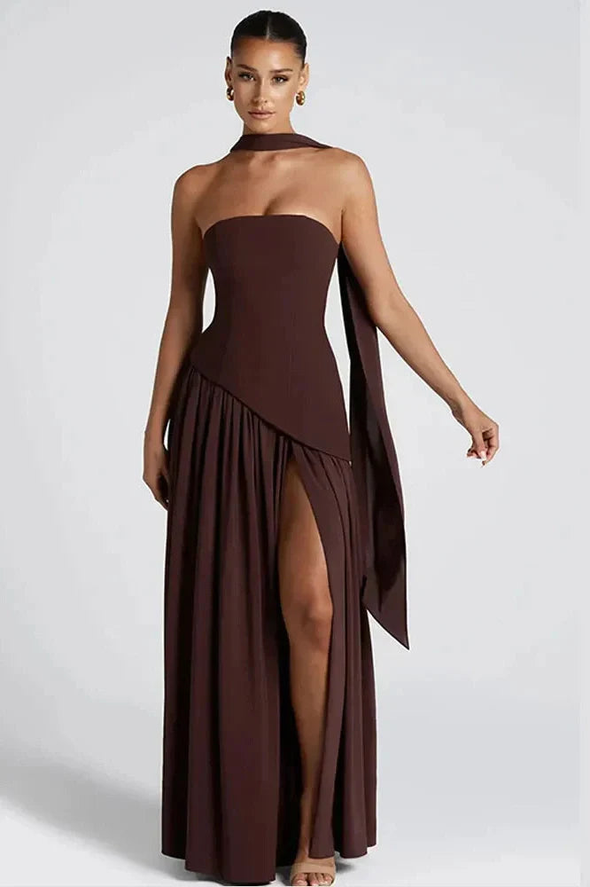 Notiglo - Scarf Neck Sleeveless Off Shoulder A-Line Maxi Dress