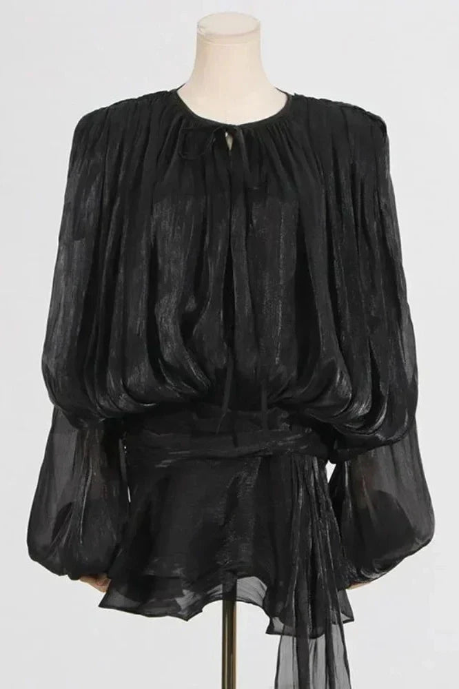 Notiglo - Patchwork A-Line Lace Up Round Neck Flared Sleeve Mini Dress