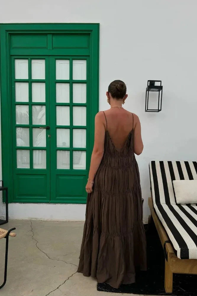 Notiglo - Elegant Sleeveless V-Neck High Waist Loose Pleated Maxi Dress