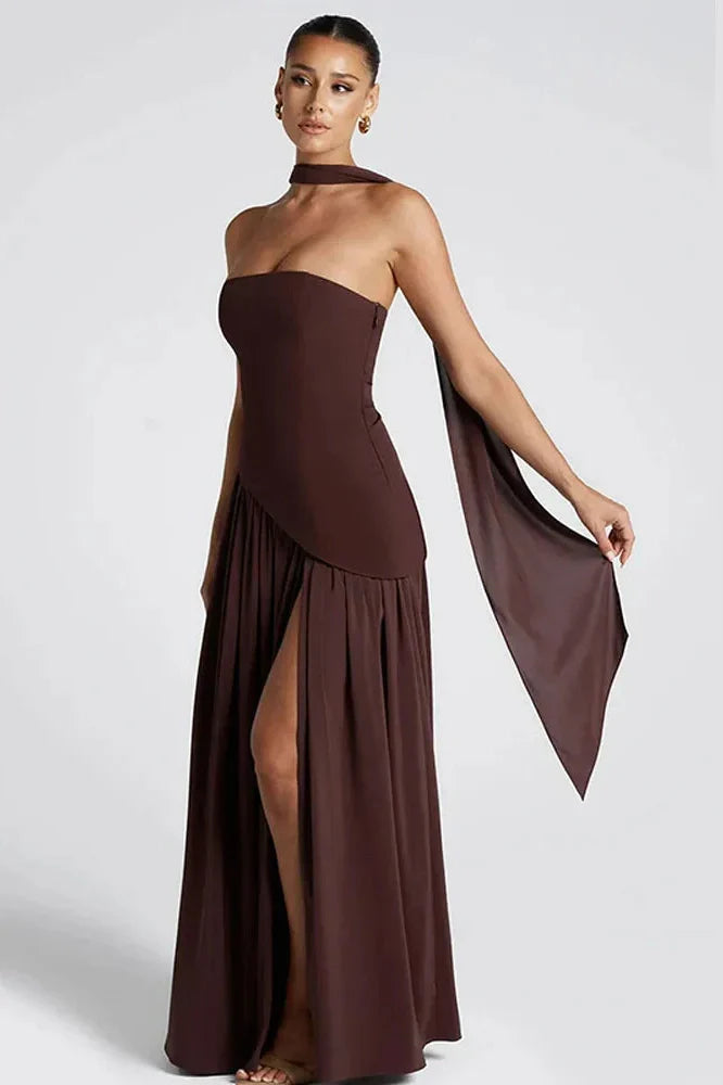 Notiglo - Scarf Neck Sleeveless Off Shoulder A-Line Maxi Dress