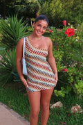 Notiglo - Knitted Stripe Printed Backless Slim Fit Mini Dress