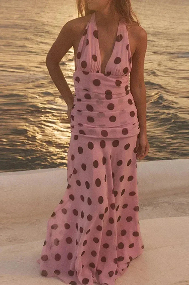 Notiglo - Elegant Printed Pleated Backless Sleeveless Maxi Dress