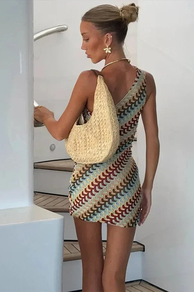 Notiglo - Knitted Stripe Printed Backless Slim Fit Mini Dress