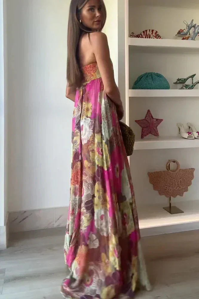 Notiglo - Elegant Printed Pleated High Waist Sleeveless Strapless Loose Maxi Dress