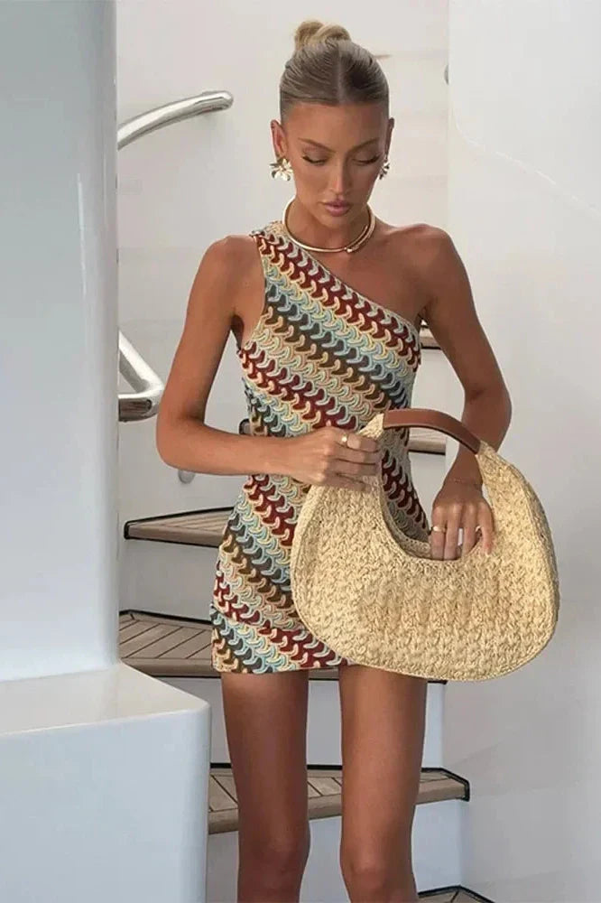 Notiglo - Knitted Stripe Printed Backless Slim Fit Mini Dress