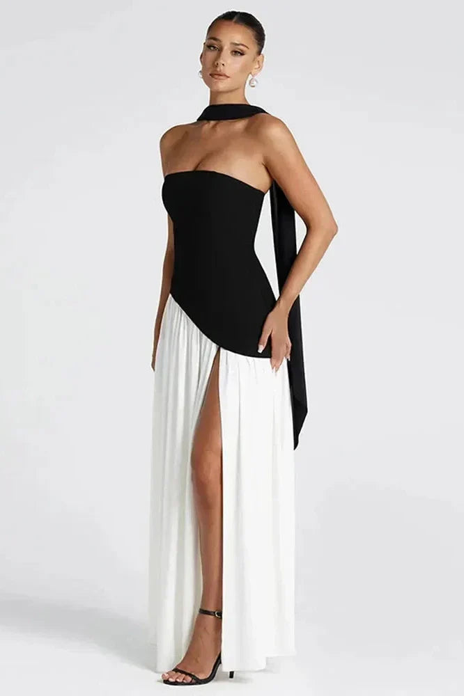 Notiglo - Scarf Neck Sleeveless Off Shoulder A-Line Maxi Dress