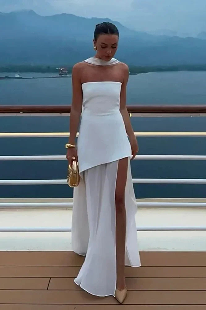 Notiglo - Scarf Neck Sleeveless Off Shoulder A-Line Maxi Dress